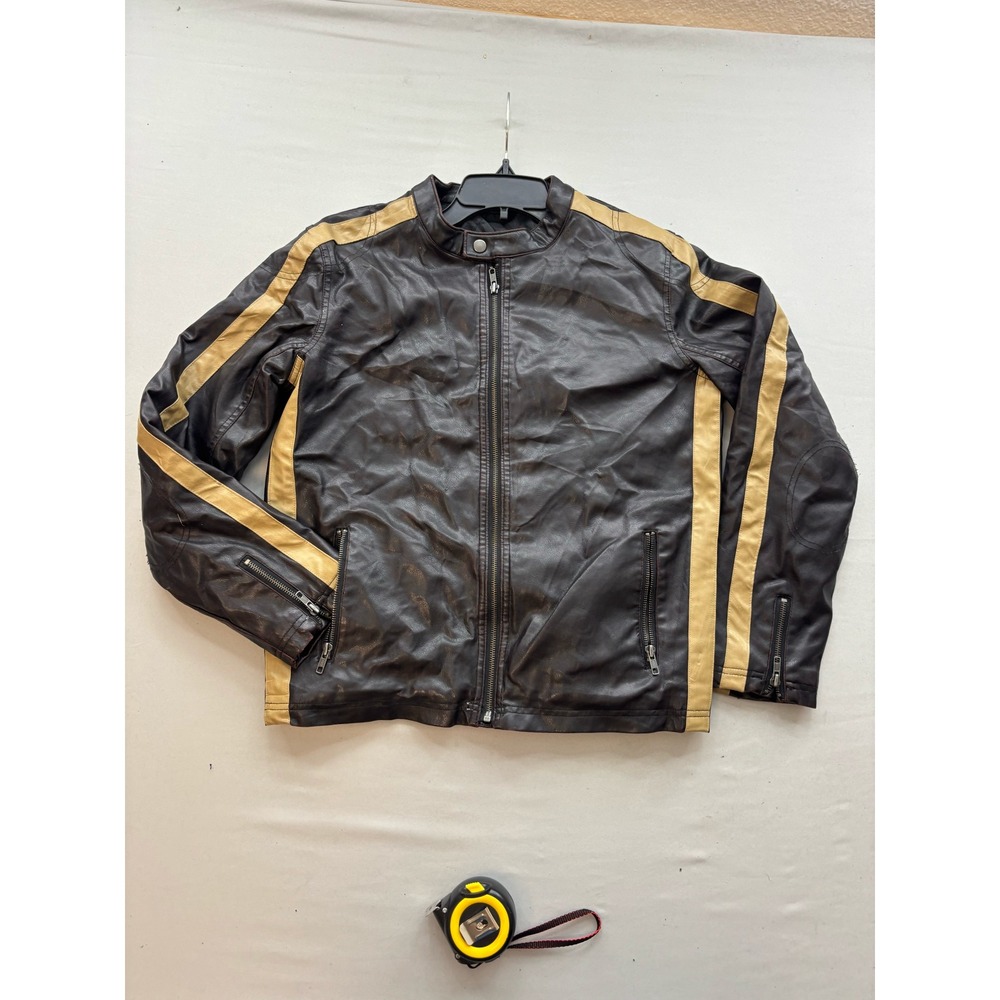 New York Classics Mens Brown Faux Leather Cafe Racer Jacket Tan Stripes Large